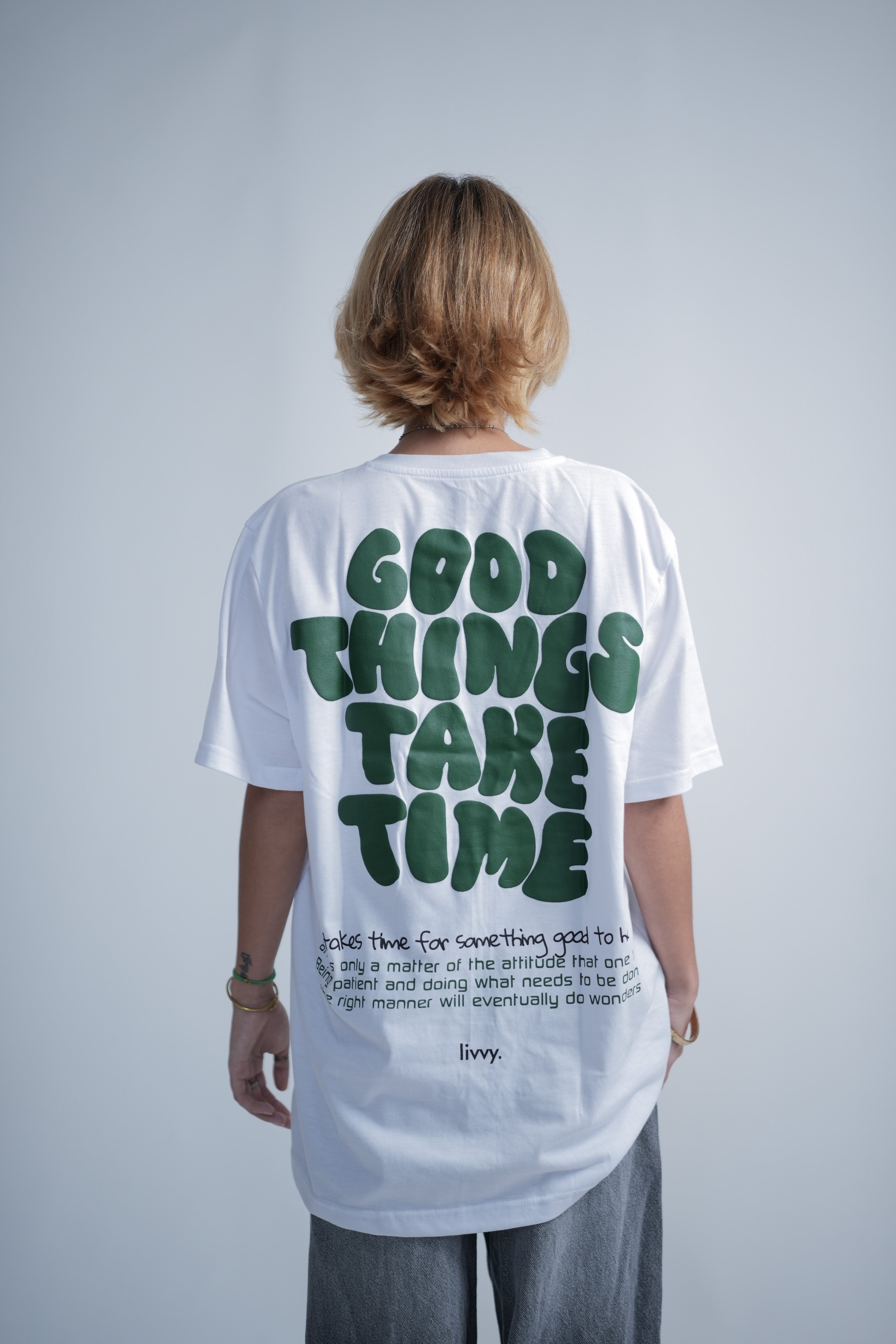 The Good things take time puff print tee