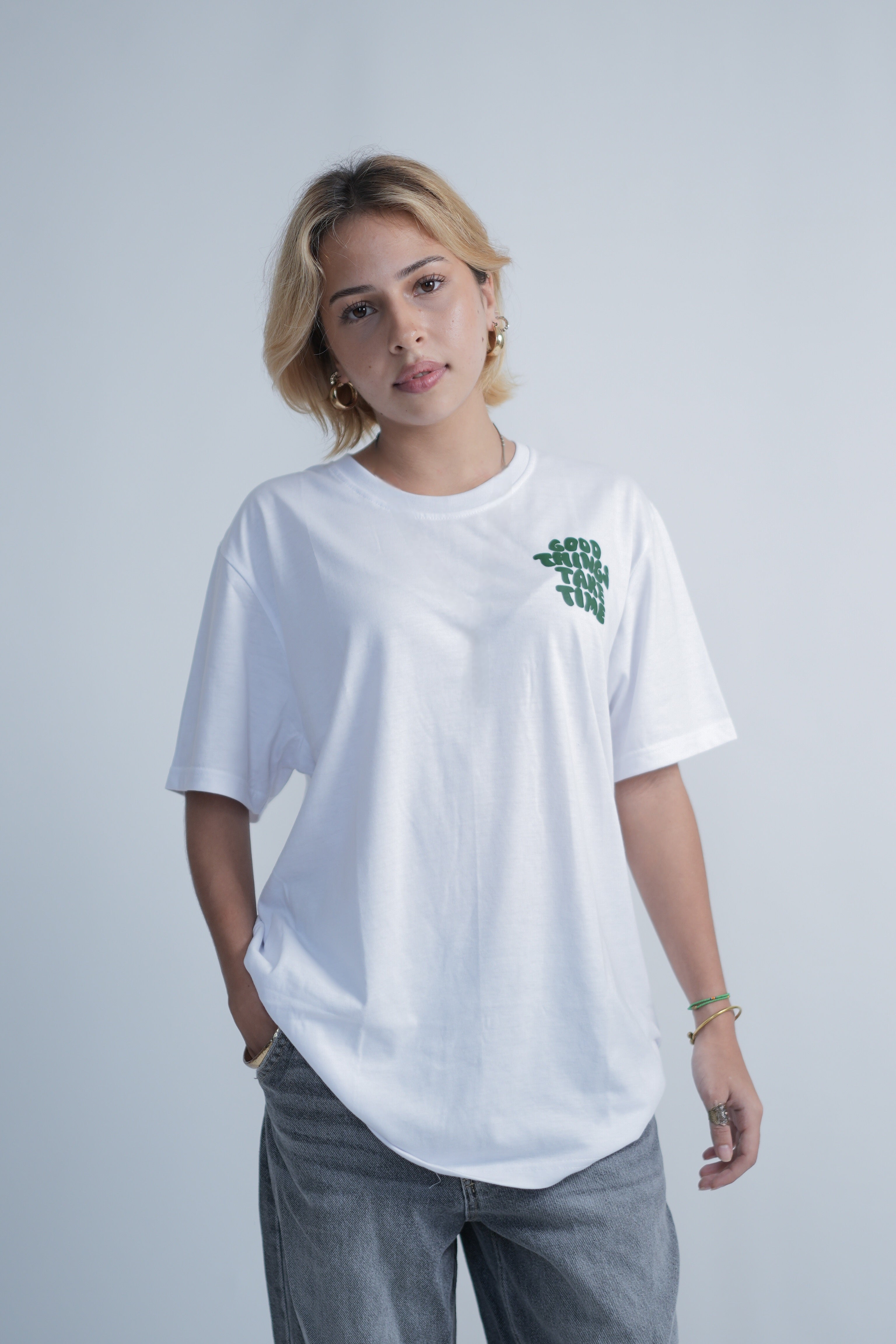 The Good things take time puff print tee