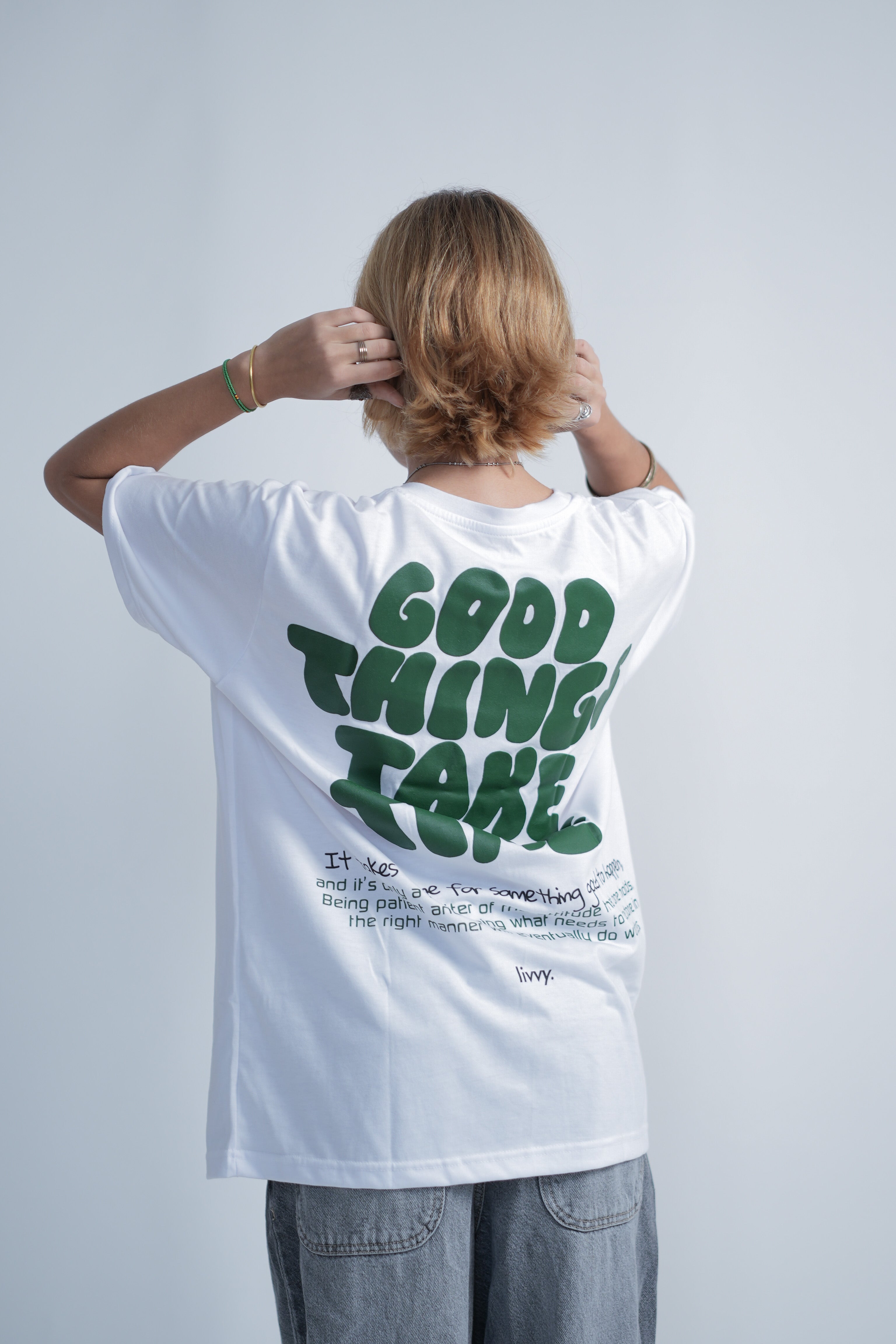 The Good things take time puff print tee